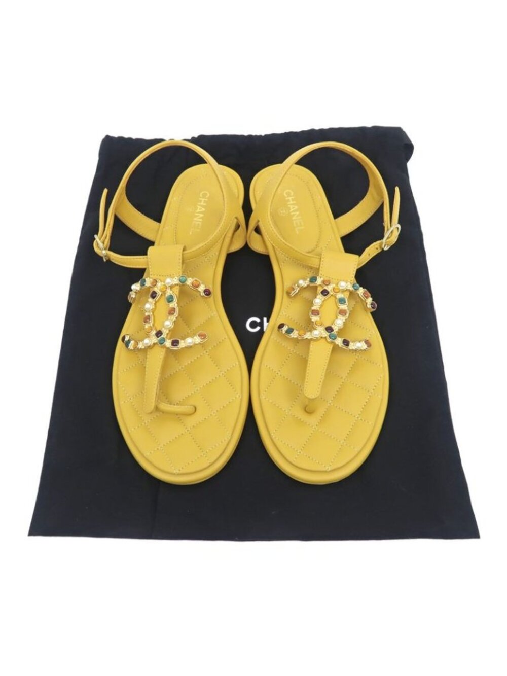 Chanel Flat Sandals Yellow 38 C Visual Coco Mark Shoes - Picture 10 of 10